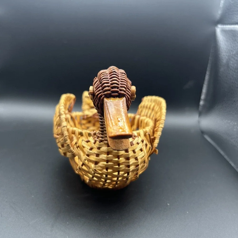 VTG Wooden Duck Rattan Basket MCM Decor Woven Trinket Box Rustic Farmhouse 6